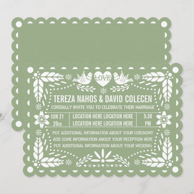 Sage green papel picado love birds fiesta wedding  invitation (Front/Back)
