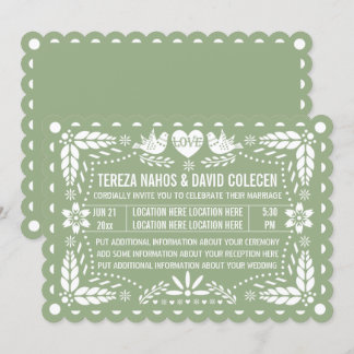 Sage green papel picado love birds fiesta wedding  invitation