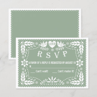 Sage green papel picado love birds flowers wedding RSVP card