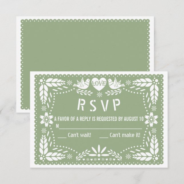 Sage green papel picado love birds flowers wedding RSVP card (Front/Back)