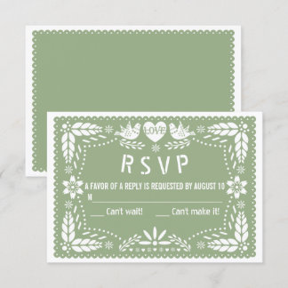 Sage green papel picado love birds flowers wedding RSVP card