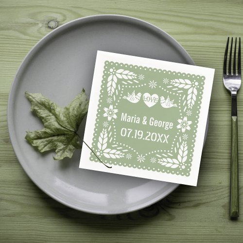Sage green papel picado love birds wedding napkins