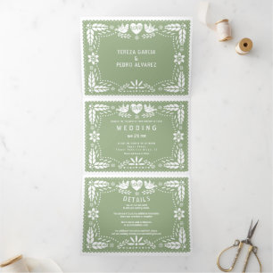 Sage green papel picado love birds wedding Tri-Fold invitation