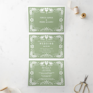 Sage green papel picado love birds wedding  Tri-Fold invitation