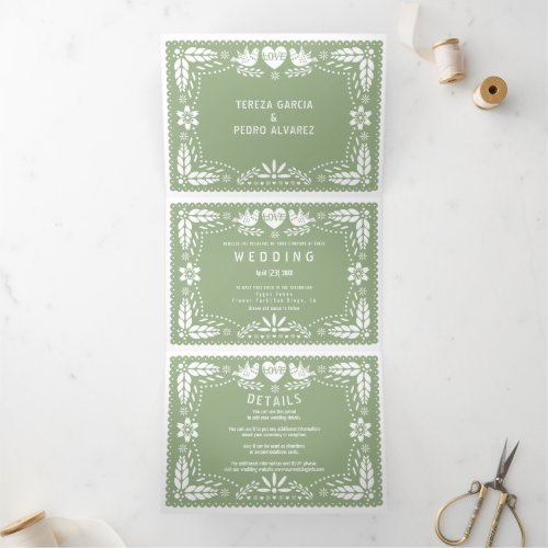 Sage green papel picado love birds wedding  Tri_Fold invitation