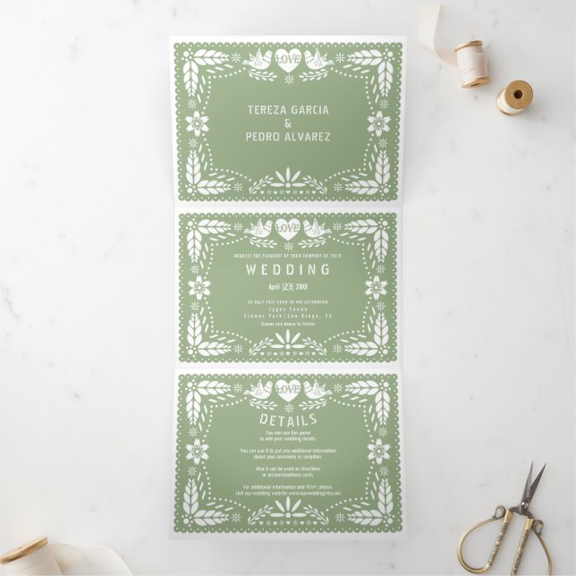 Sage green papel picado love birds wedding  Tri-Fold invitation (Inside)