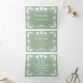 Sage green papel picado love birds wedding Tri-Fold invitation