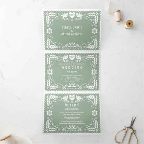 Sage green papel picado love birds wedding Tri_Fold invitation