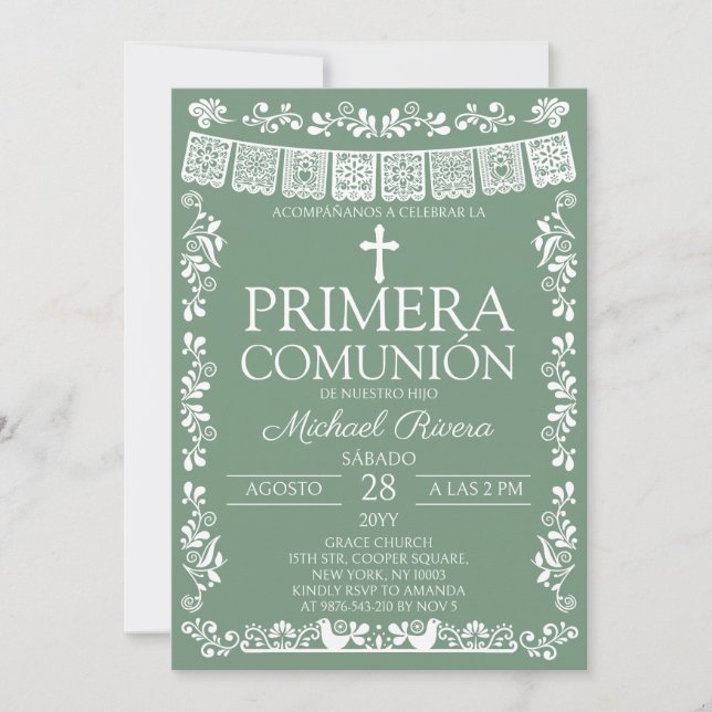 Sage Green Papel Picado Primera Comunión Invitation (Front)