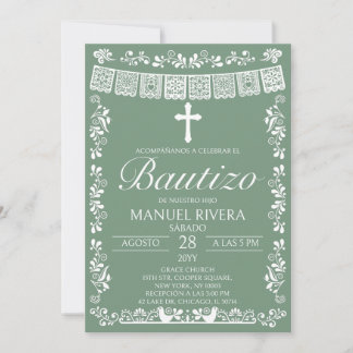 Sage Green Papel Picado Spanish Bautizo Invitation