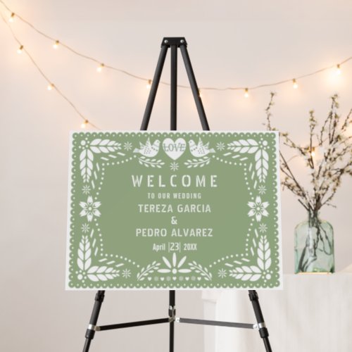 Sage green Papel Picado wedding welcome sign