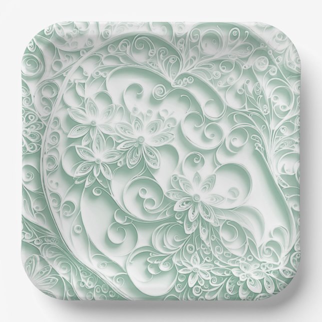 Sage Green Paper Quilling Daisy Design Paper Plates (Front)