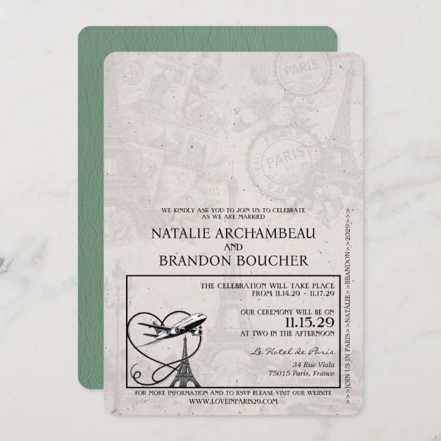 Sage Green Paris Passport Wedding Invitation (Front/Back)