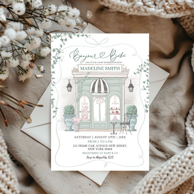 Sage Green Parisian Cafe Bounjour Bebe Baby Shower Invitation (Creator Uploaded)