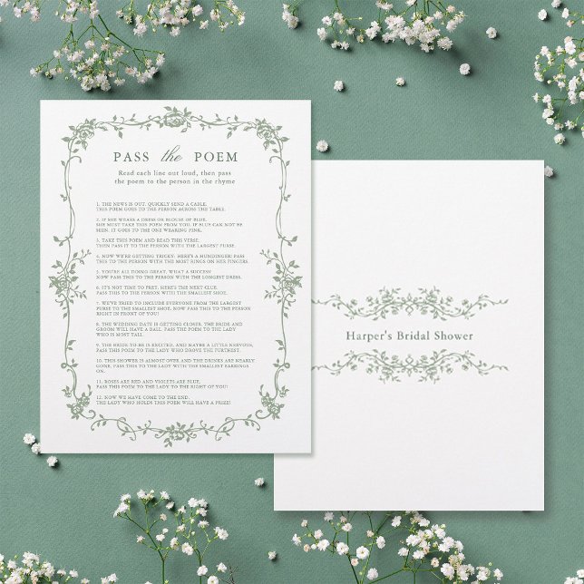 Sage Green 'Pass the Poem' Bridal Shower Game (Front & Back)