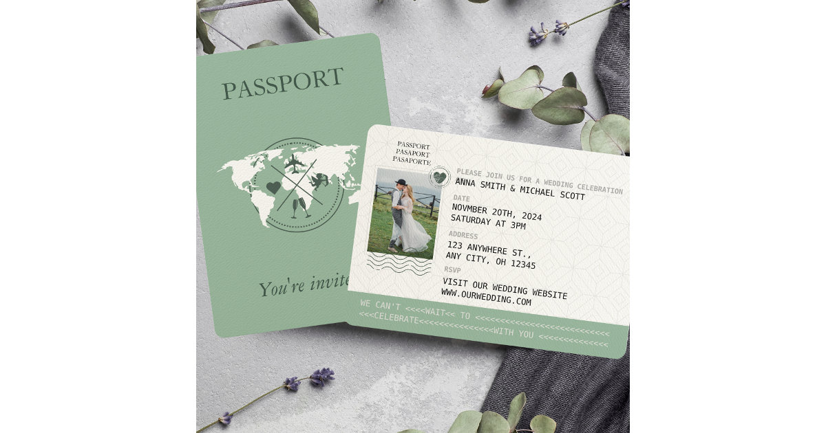 Sage Green Passport Destination Wedding Invitation Zazzle