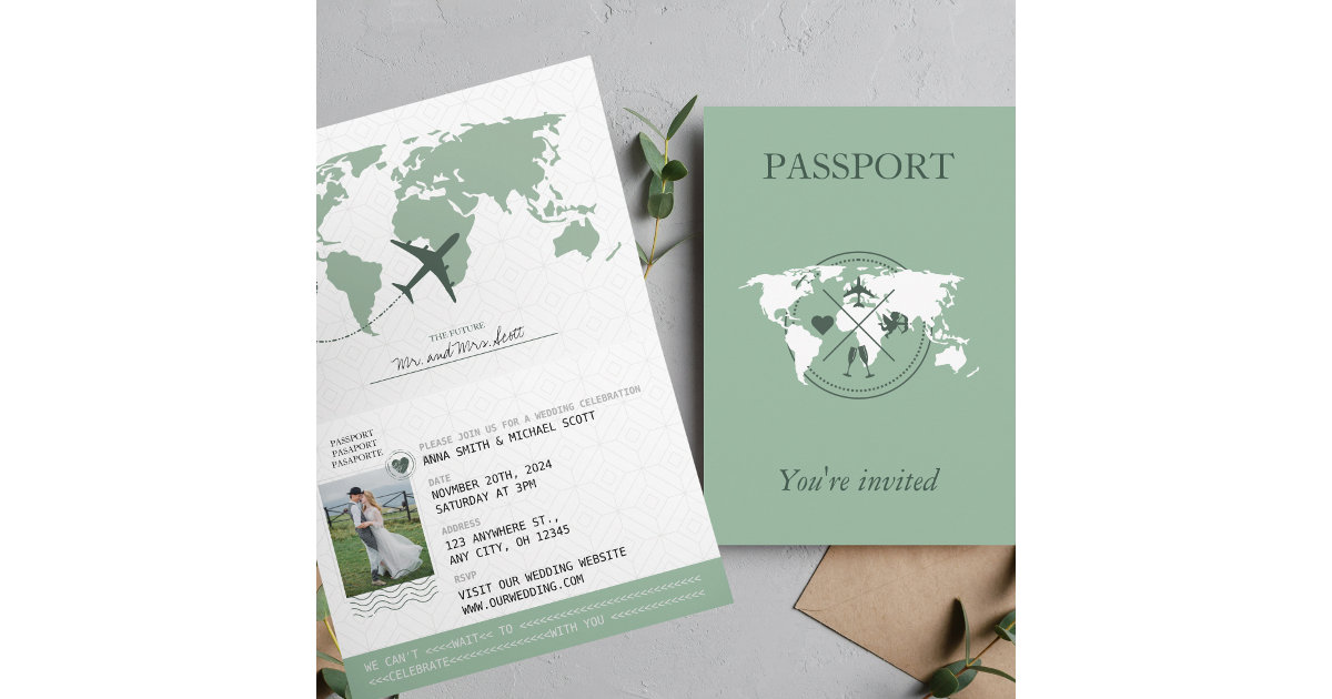 Sage Green Passport Destination Wedding Invitation Zazzle