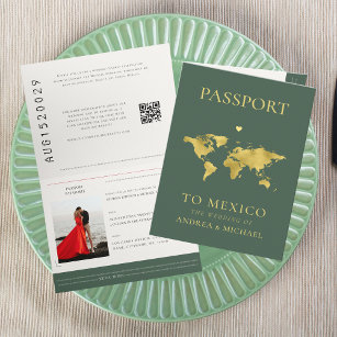 Sage Green Passport Travel Destination Wedding Invitation