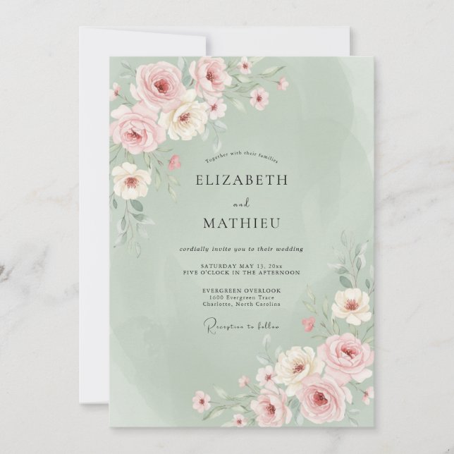 Sage Green Pastel Bloom Spring Wedding Invitation (Front)
