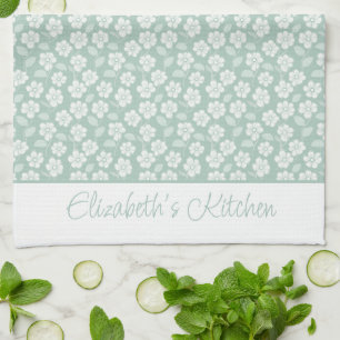 Sage Green Pastel Light Mint White Boho Florals Kitchen Towel