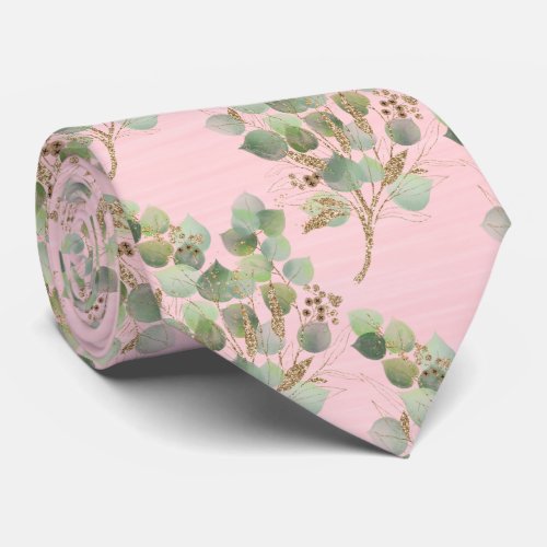 SAGE GREEN PASTEL PINK BOTANICAL MENS TIE