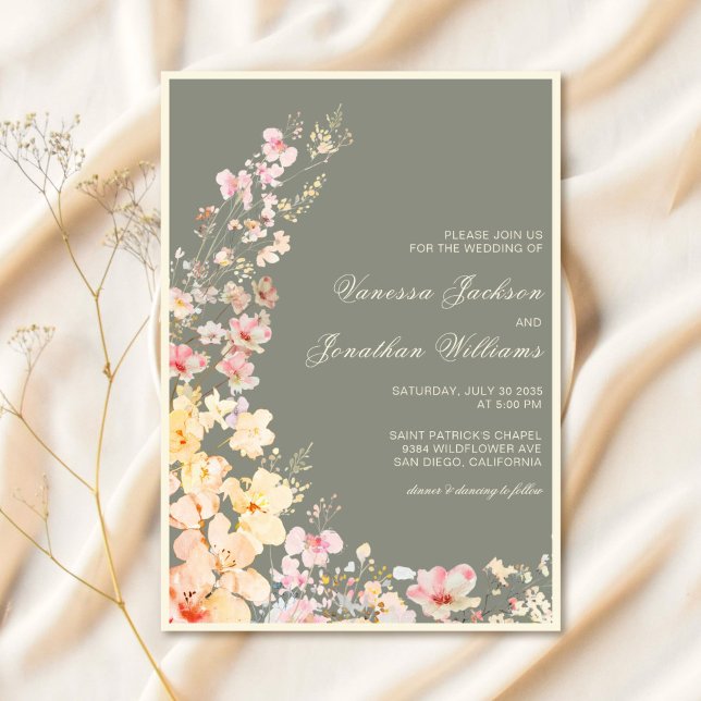 Sage Green Pastel Wildflowers Wedding Invitation (Creator Uploaded)