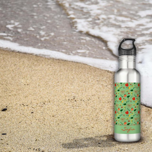 Sage green pattern wildflowers red poppy  stainless steel water bottle (Creator Uploaded)