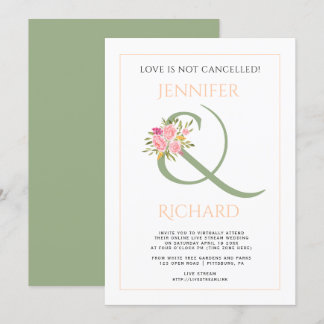Sage green, peach ampersand, roses virtual wedding invitation