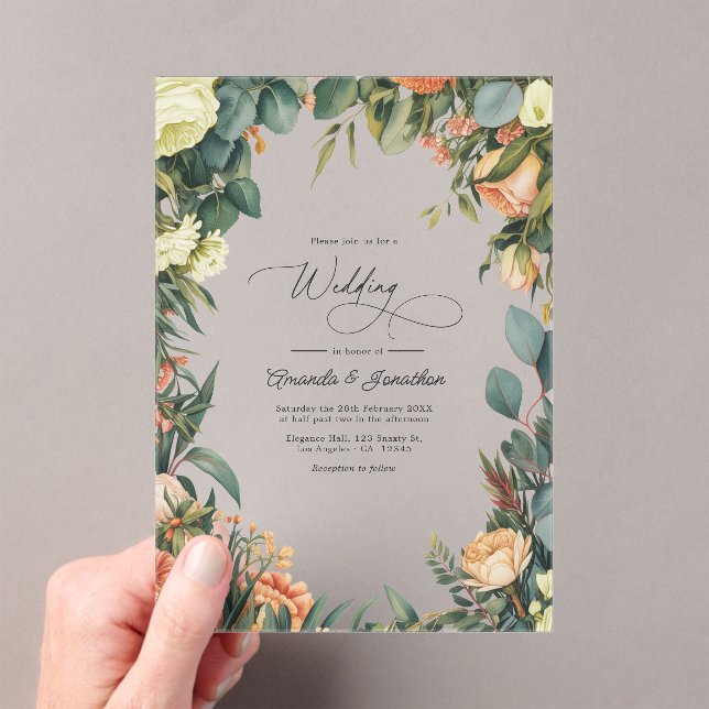Sage Green, Peach, and Cream Floral Wedding Acrylic Invitations (Insitu (Handheld))