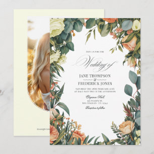 Sage Green, Peach, and Cream Floral Wedding Invitation