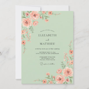 Sage Green Peach Botanical Spring Wedding Invitation