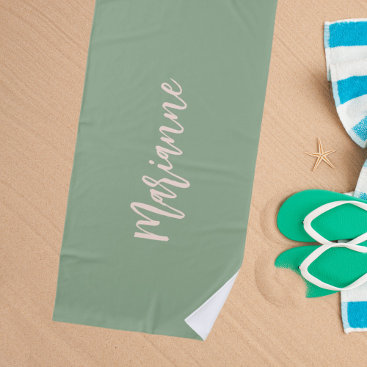 Sage green peach custom name script beach towel