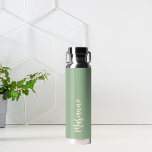 Sage green peach custom name script water bottle<br><div class="desc">A sage green background.  Personalize and add your name.   Peach colored handwritten style script.</div>