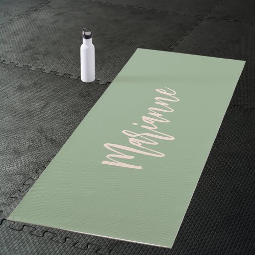 Sage green peach custom name script yoga mat