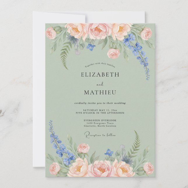Sage Green Peach Delphinium Romance Wedding Invitation (Front)