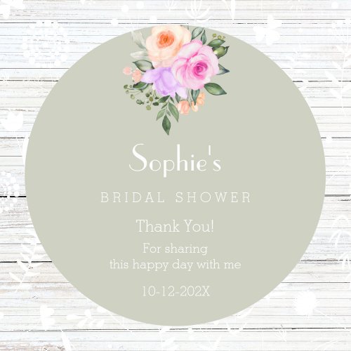 Sage Green Peach Floral Bridal Shower Thank You   Classic Round Sticker