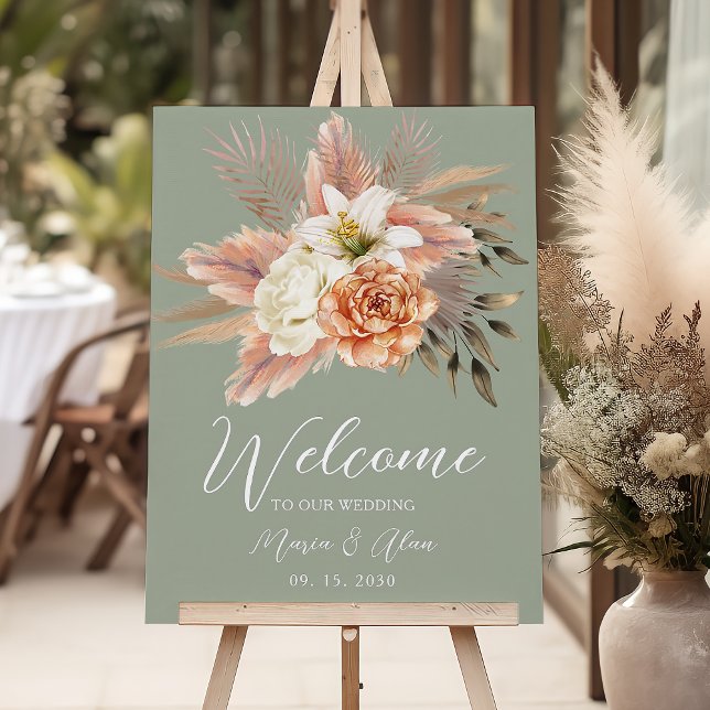 Sage Green Peach Floral Wedding Welcome Sign (Creator Uploaded)