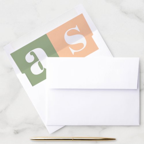 Sage green peach initials bold typography wedding envelope liner