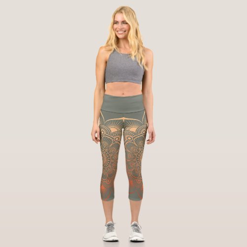 Sage Green Peach Mandala Yoga Pants Leggings