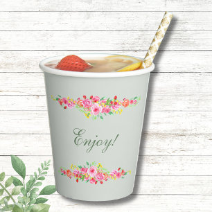 Sage Green Peach Pink Peony Bridal Shower Paper Cups