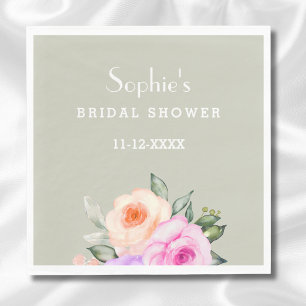 Sage Green Peach Pink Roses Floral Bridal Shower Napkins