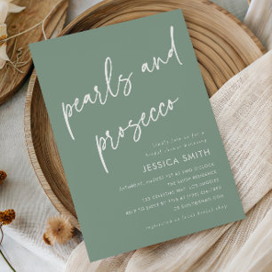 Sage Green Pearls and Prosecco Bridal Shower Invitation