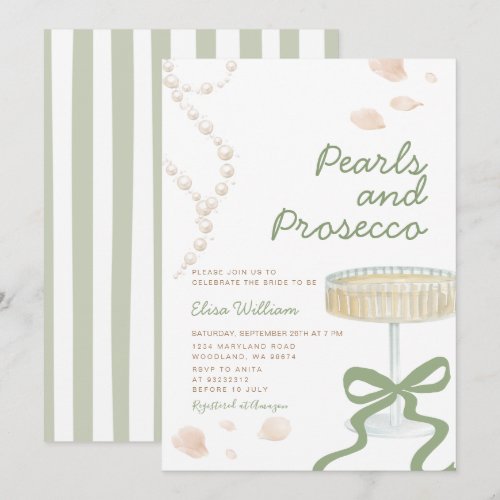 Sage Green Pearls and Prosecco Bridal Shower Invitation