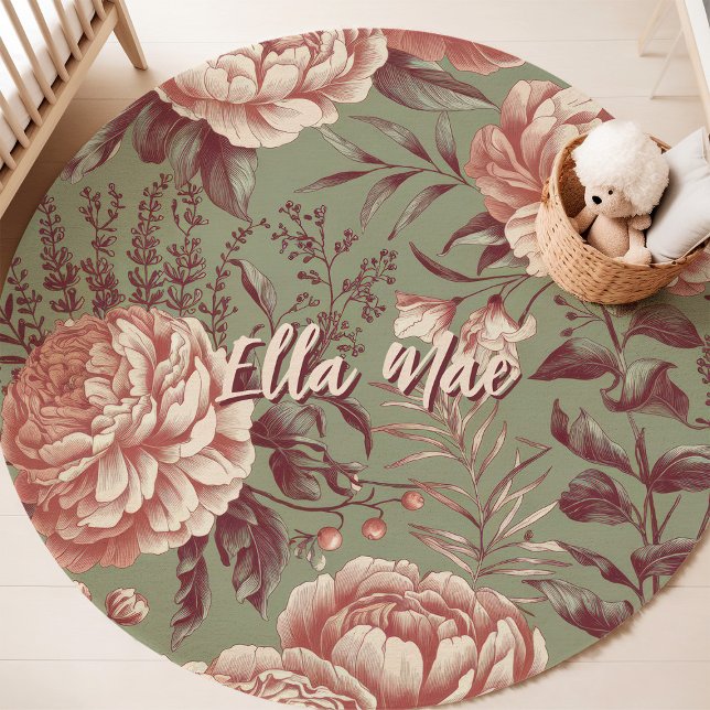 Sage Green Peonies Custom Name Nursery  Rug (Creator Uploaded)
