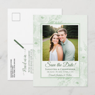 Sage Green Peonies & Photo Wedding Save the Date Announcement Postcard