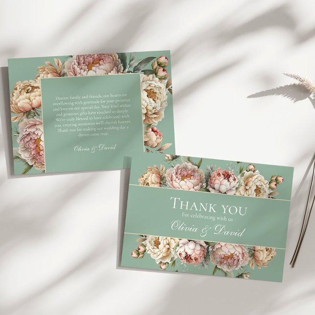 Sage Green Peony Floral Band Wedding Thank You (Rustic Pastel Sage Green Blush Pink Peony Wedding Thank You Card on a sunny white boho table.)