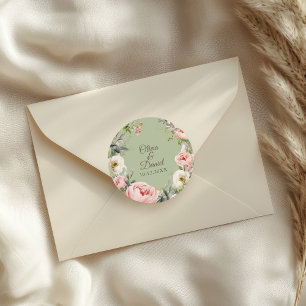 Sage Green Peony Floral Round Sticker