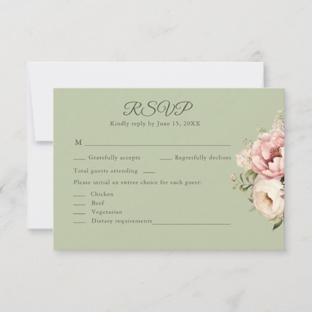 Sage Green Peony Floral RSVP Card (Front)