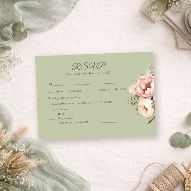 Sage Green Peony Floral RSVP Card (Sage Green Peony Floral RSVP Card on a boho table with sage green decor and dry botanicals)
