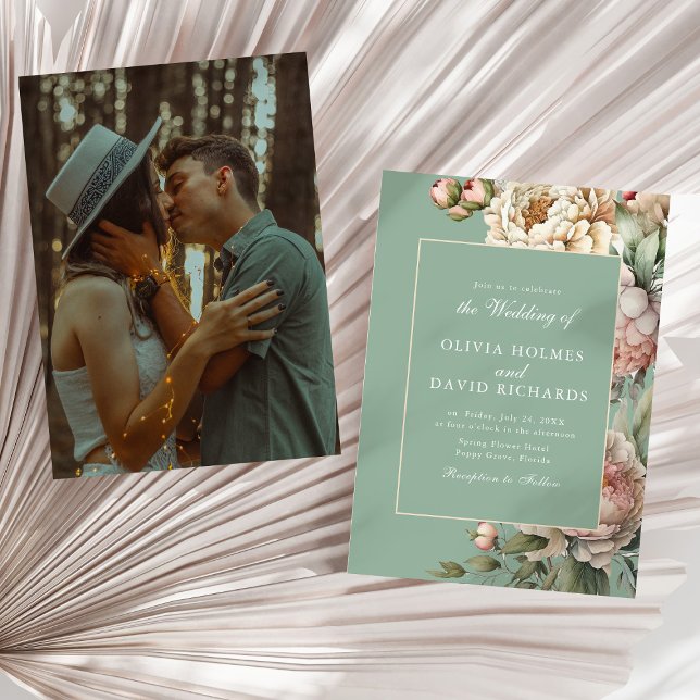 Sage Green Peony Garden Photo Wedding Invitation (Pastel Sage & Blush Peony Custom Photo Wedding Invitation on a sunny neutral dry palm leaf.)